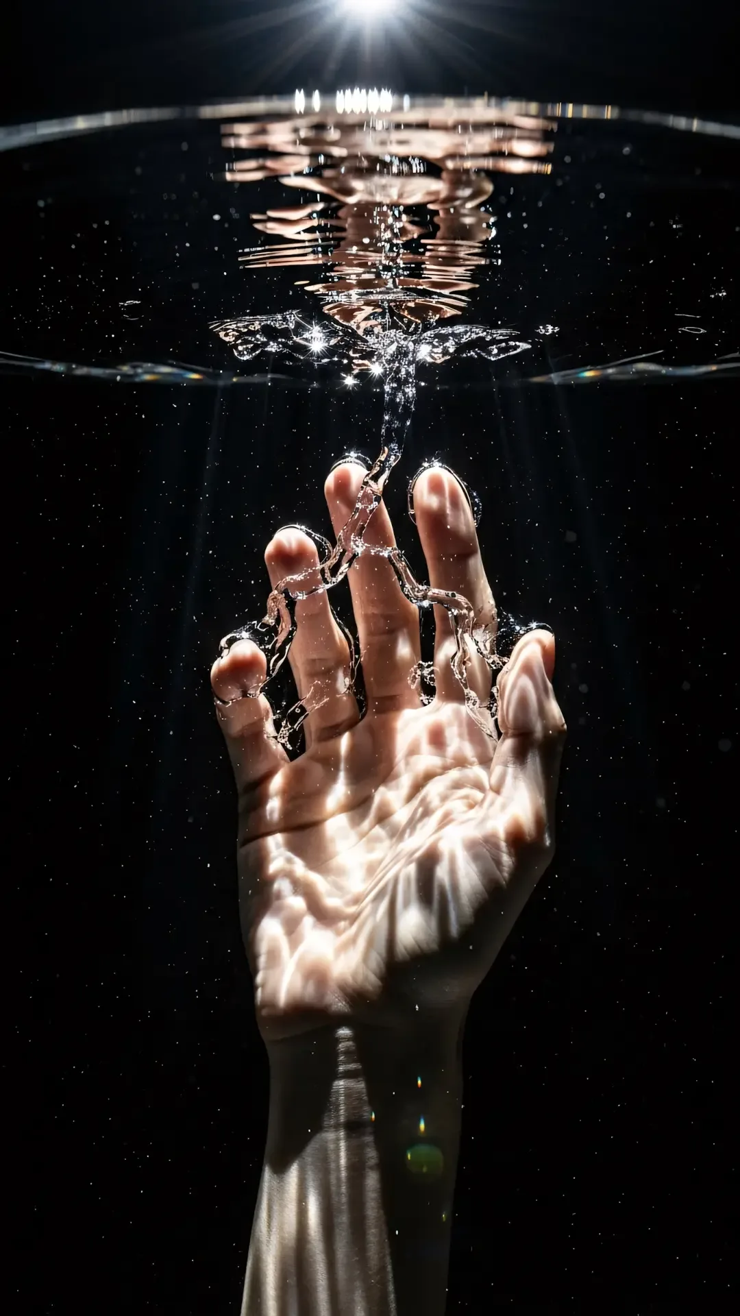 A hand reaching towards the surface of water