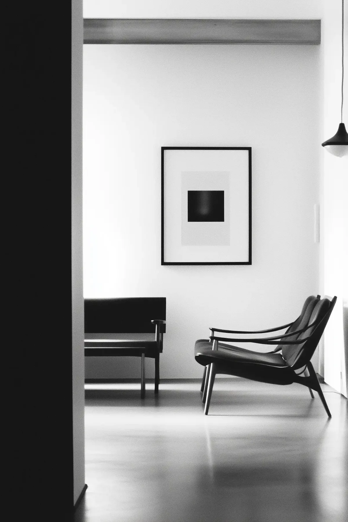 Minimal black and white interior with sculptural chairs
